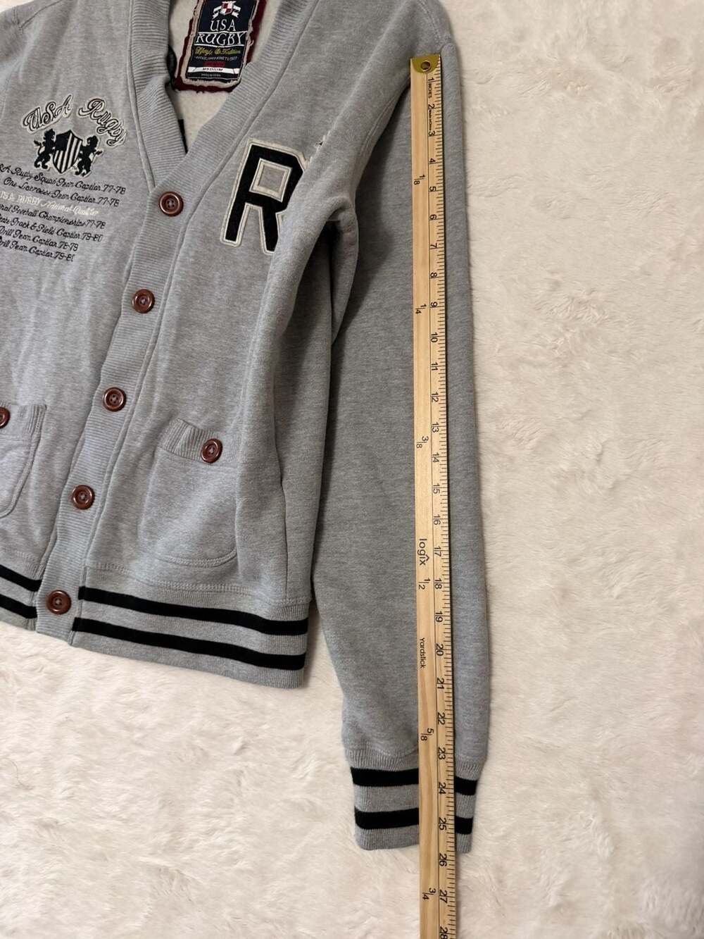 USA Rugby Cardigan Sweater Size Medium Gray R7 Varsity - Picture 5 of 8
